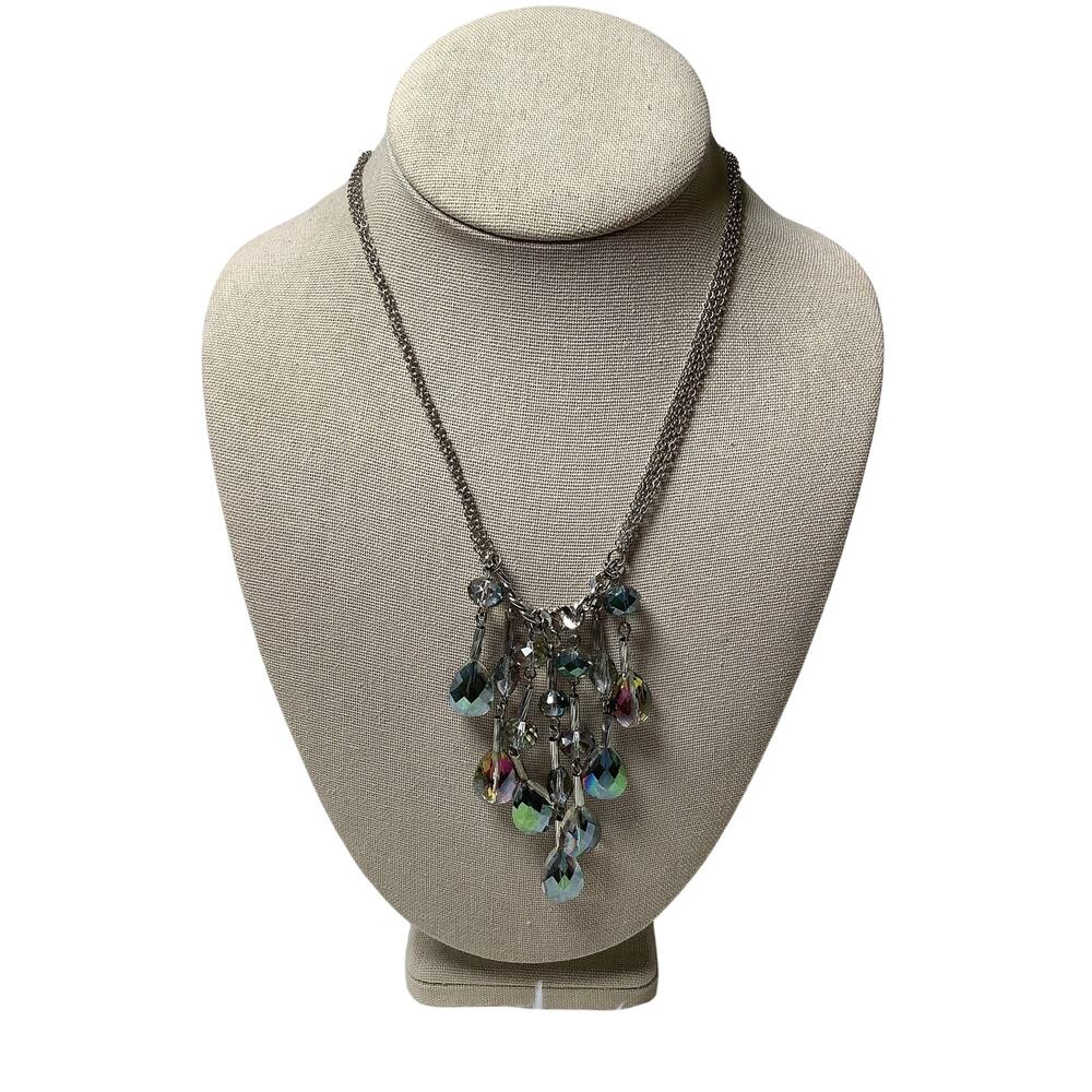 Croft & Barrow Silver Tone Iridescent Crystal Cluster Teardrop Necklace A7-56